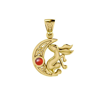 Rabbit on Celtic Crescent Moon Gold Pendant with Gemstone GPD4291 - Jewelry